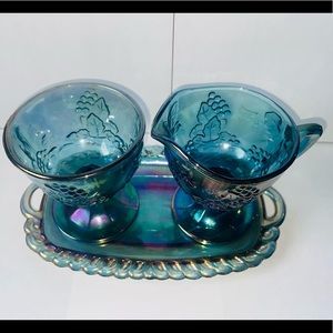 Blue iridescent,Harvest pattern, sugar and Creamer set with platter